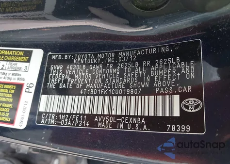2012 Toyota Camry Hybrid Le from USA, damaged, VIN 4T1BD1FK1CU019807